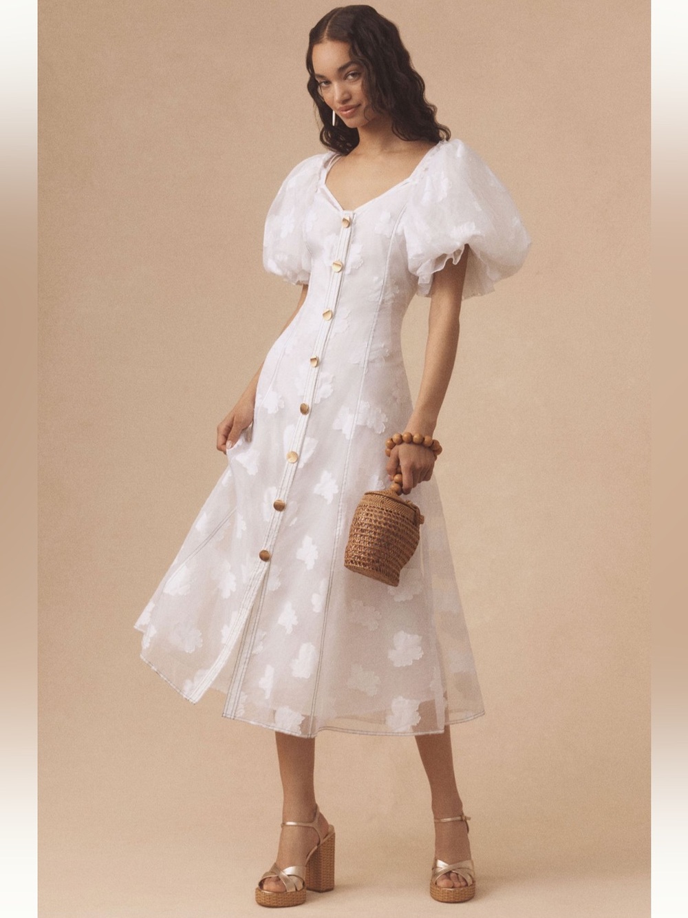 Anthropologie Let Me Be Puff-Sleeve Sheer Midi Dress - Sz L